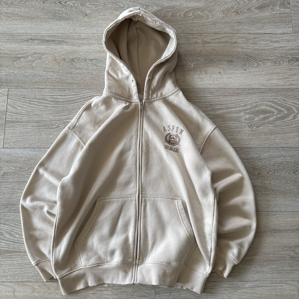 Lazy Sunday Aspen Colorado Beige Full Zip Hoodie Sweatshirt Embroidered Size S